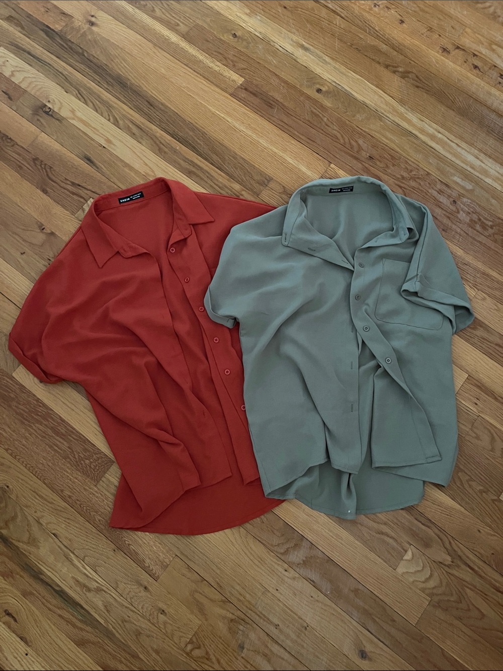 SHEIN Button-Front Tops in Rust Red and Sage Green